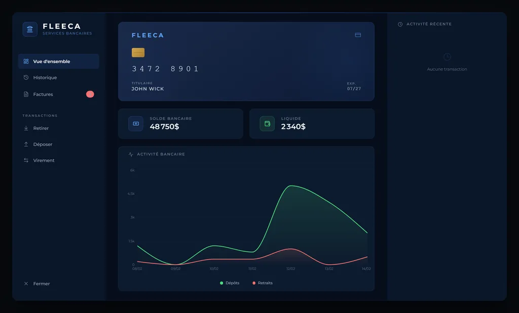 Application bancaire : carte, solde, liquide et graphique des dépôts et retraits.