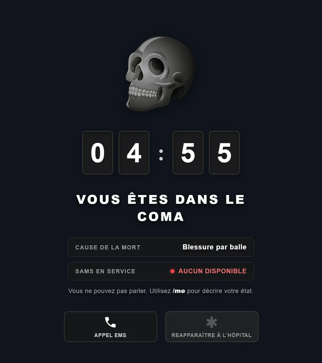 Écran de coma : compte à rebours, cause de la blessure et bouton pour appeler les secours.