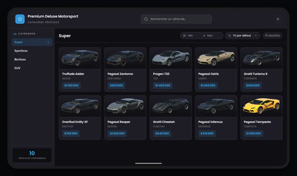 Catalogue de concession automobile : véhicule mis en avant avec ses performances et son prix.