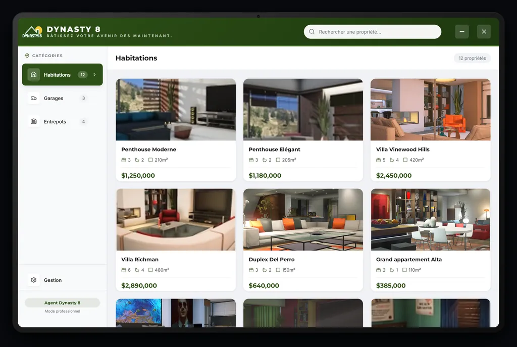 Tablette de l’agence immobilière : catalogue des biens avec adresse, prix et statut.
