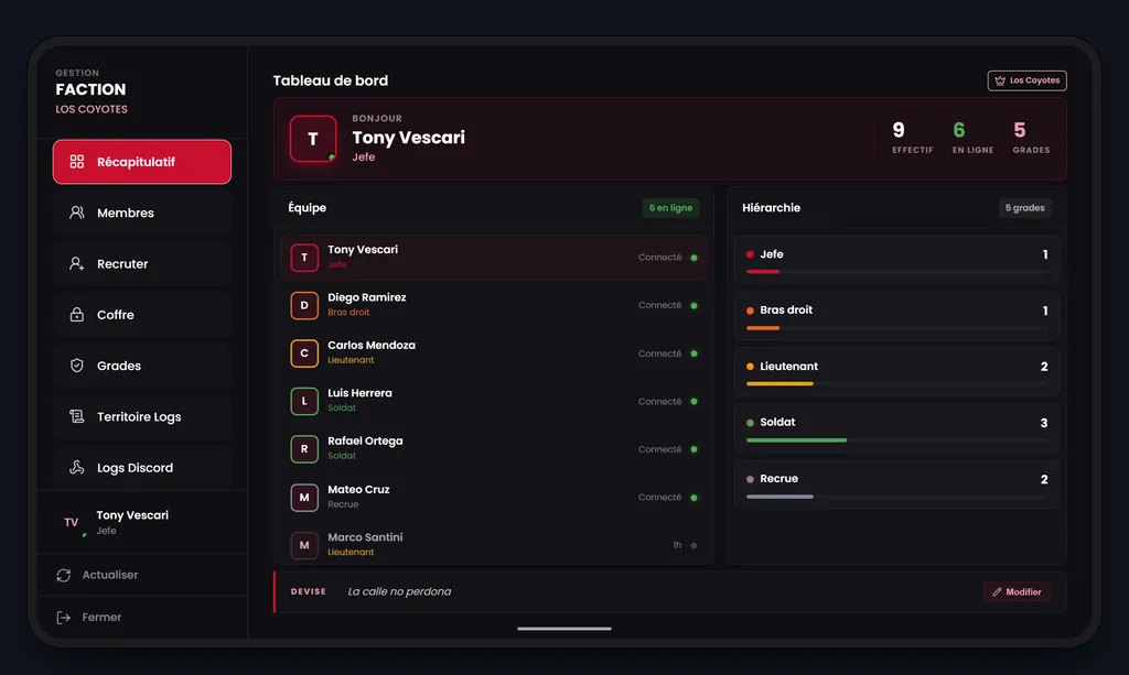 Tablette de gestion d’une faction : membres connectés avec leur grade, hiérarchie et devise du groupe.