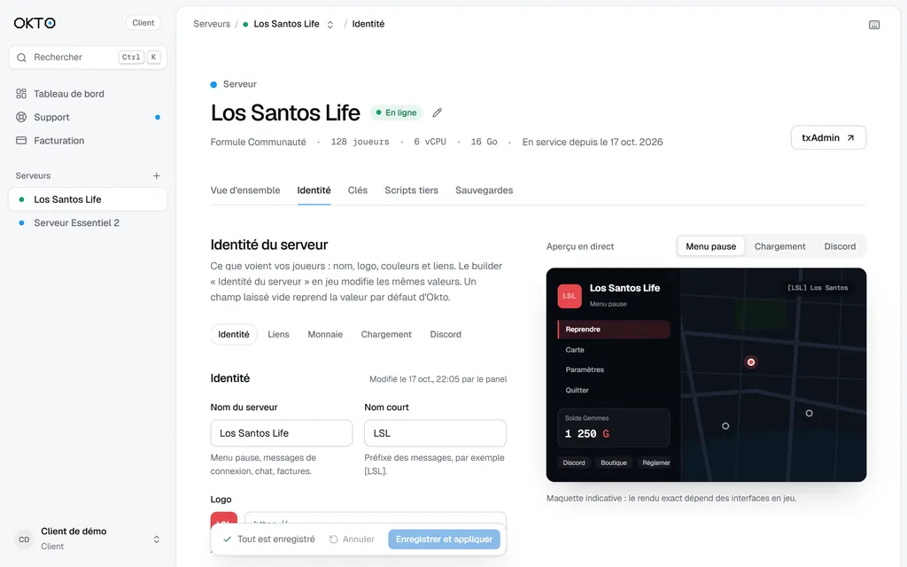 Panel client Okto : réglage du nom et de l’identité du serveur, avec l’aperçu en direct du menu pause.