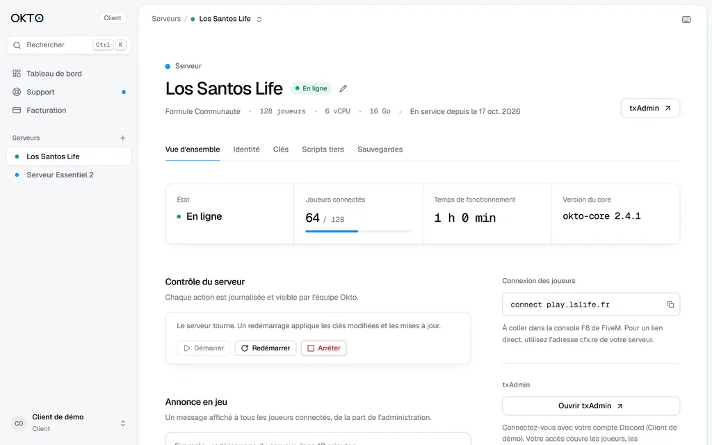 Panel client Okto : état du serveur en direct, joueurs connectés, boutons démarrer, redémarrer et arrêter, annonce en jeu et accès txAdmin.