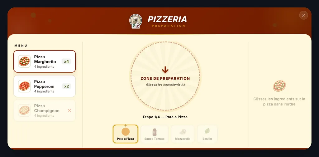 Interface de préparation d’une pizzeria : menu, zone de préparation et étapes de la recette.