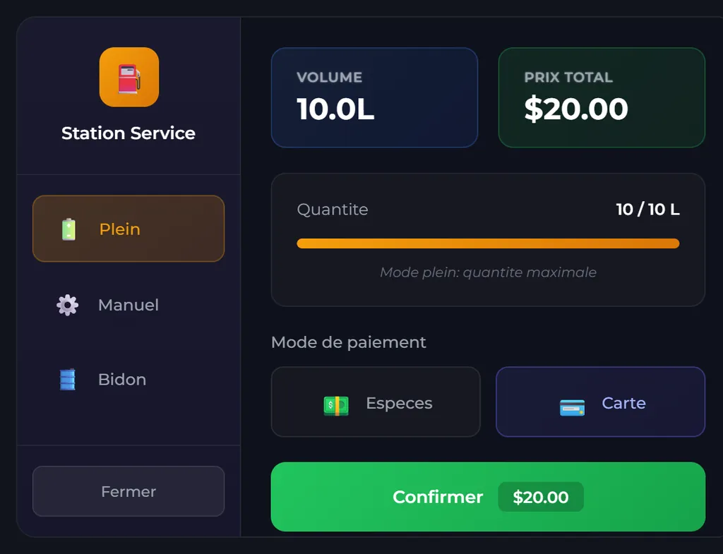 Pompe de station-service : volume, prix, mode de paiement et confirmation.